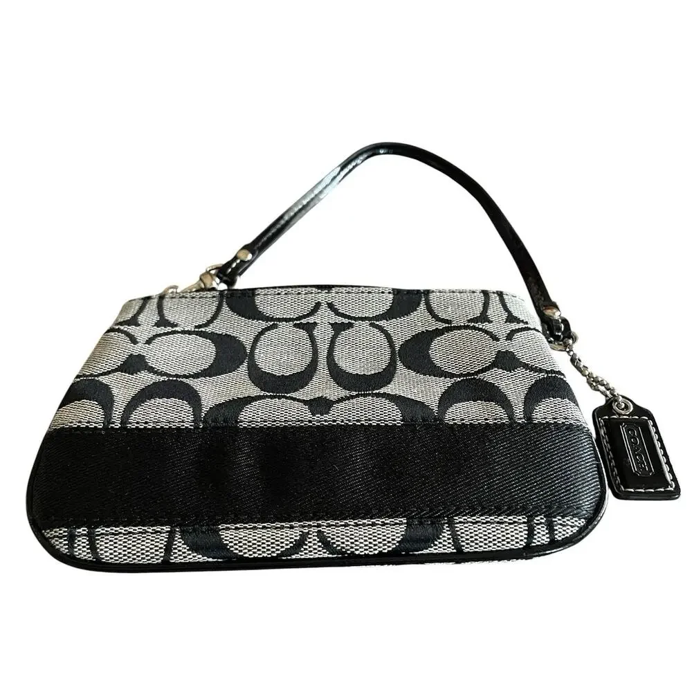 COACH Black Gray Signature Jacquard Stripe Leather Trim Wristlet Top Zip Bag Tag